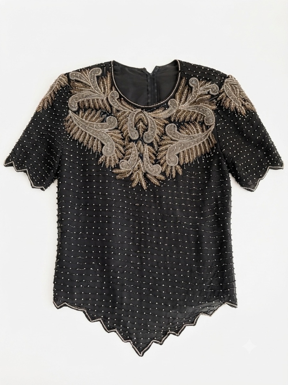 Vintage Laurence Kazar Silk Beaded Sequin Top Blouse Black Gold 1X Whimsygoth